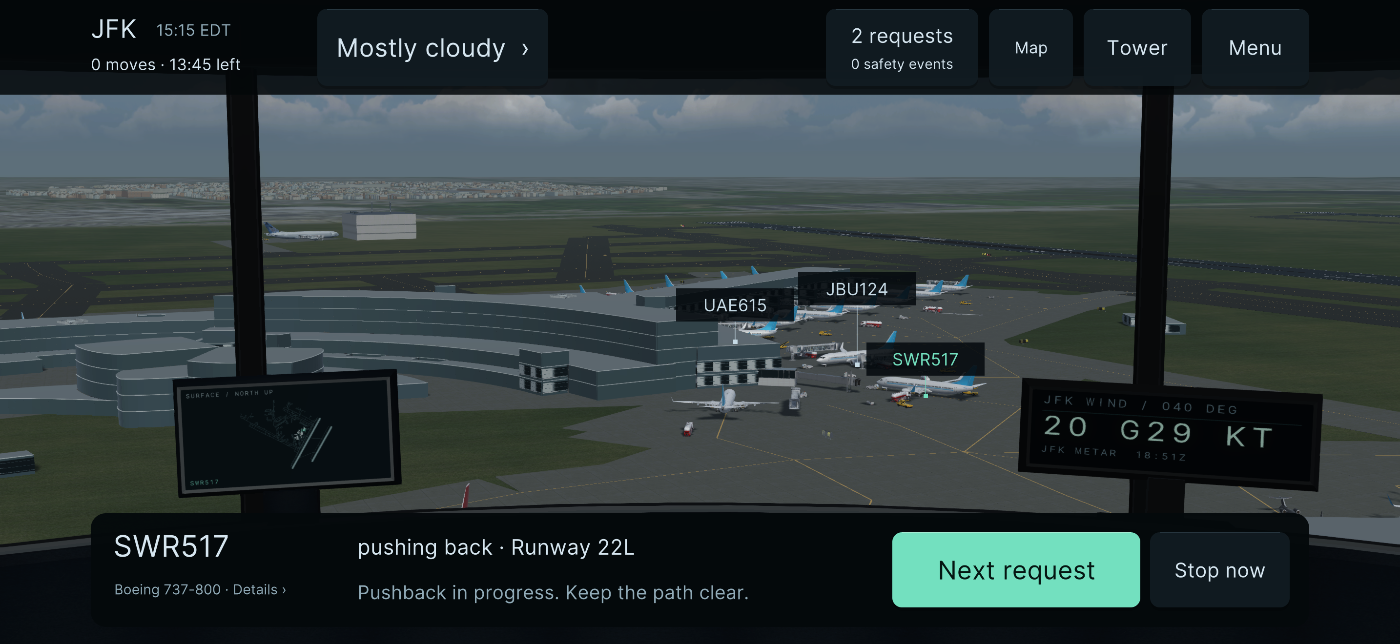 Actual Tower 27 gameplay: JFK airport viewed from the tower, with flight controls and a selected departure.